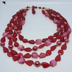 * Vintage West Germany Red Glass & Lucite 4 Strand Necklace